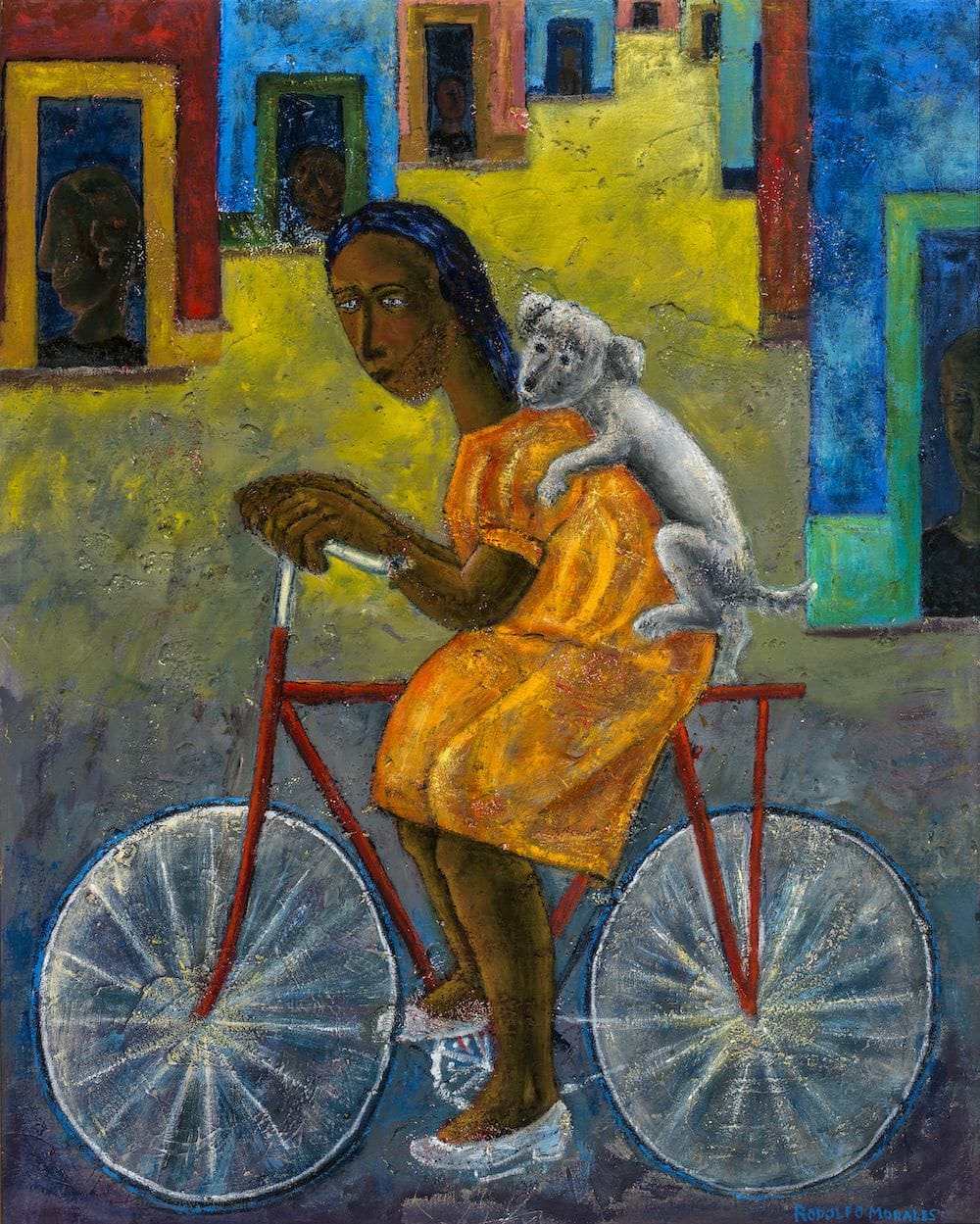 Niña con perro en bicicleta, obra de Rodolfo Morales (s.f)
