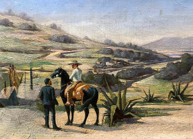 Paisaje con chinaco a caballo, obra de Manuel Serrano (s.f.)