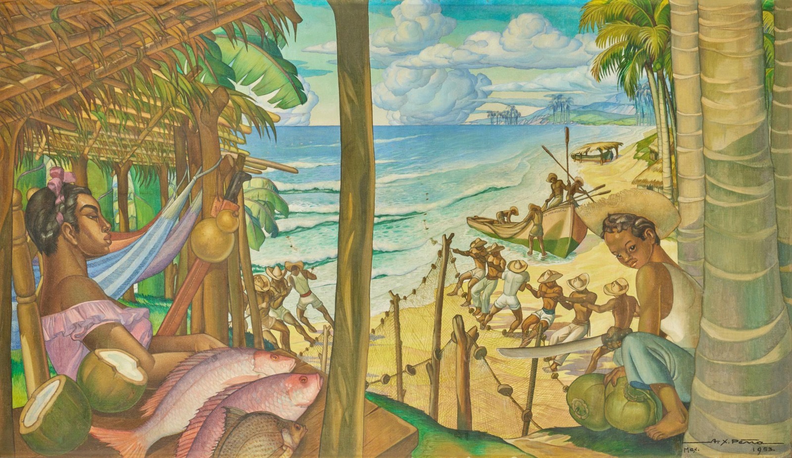 Pescadores en la playa, obra de Alfonso X. Peña (1953)